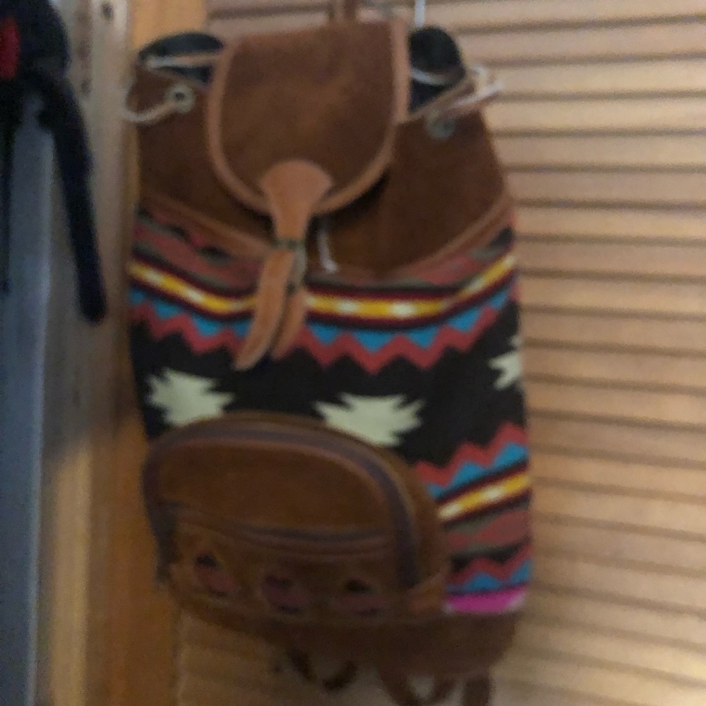 Brown And Multicolor Patterned Backpack Suede - image 1